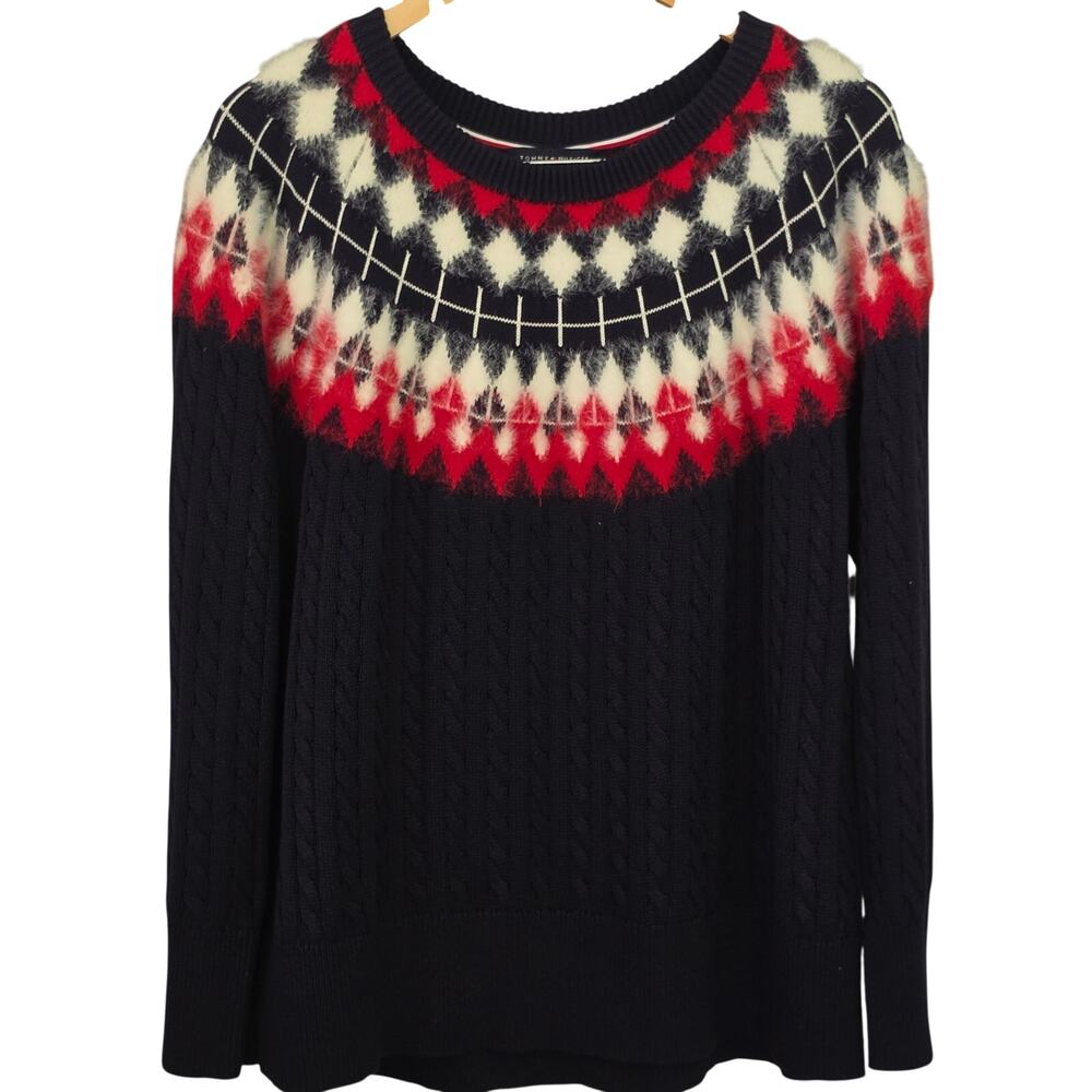 Tommy Hilfiger Women's 1X Fair Isle Cable Knit Sweater Navy Blue Red White - Picture 8 of 9